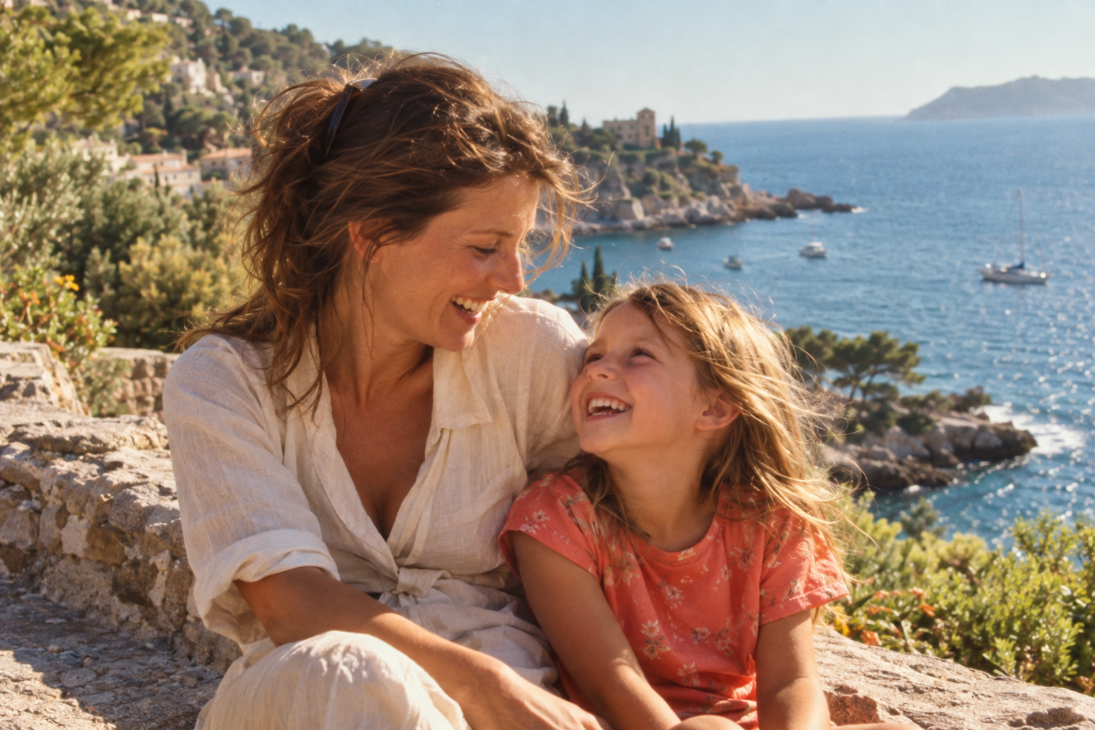 Illustration of a mother and daughter sharing a moment by the sea
